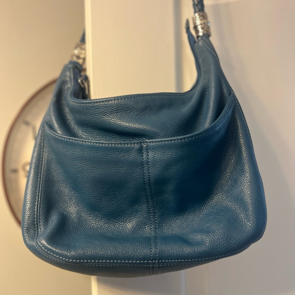 Brighton teal leather hobo shoulder bag with tassel pull - Picture 6 of 13